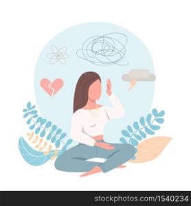 Sad female flat color vector faceless character. Frustrated woman. Mental health problem. Psychological distress. Depression isolated cartoon illustration for web graphic design and animation. Sad female flat color vector faceless character