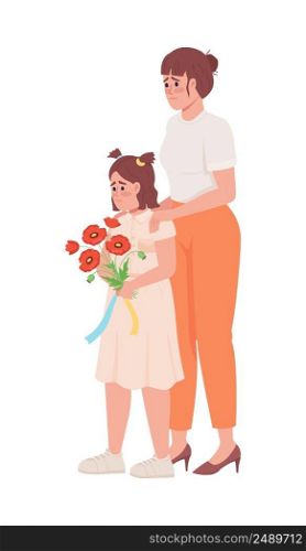Sad girl holding bouquet with mother semi flat color vector characters. Standing figures. Full body people on white. Ukrainians simple cartoon style illustration for web graphic design and animation. Sad girl holding bouquet with mother semi flat color vector characters