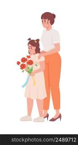 Sad girl holding bouquet with mother semi flat color vector characters. Standing figures. Full body people on white. Ukrainians simple cartoon style illustration for web graphic design and animation. Sad girl holding bouquet with mother semi flat color vector characters