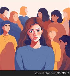Sad girl with group of people. Vector illustration in cartoon style.