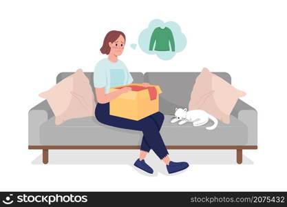 Sad girl with wrong order semi flat color vector character. Posing figure. Full body person on white. Bad fitted clothing isolated modern cartoon style illustration for graphic design and animation. Sad girl with wrong order semi flat color vector character