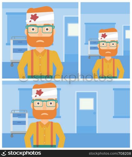 Sad hipster man with bandages over his head in the medical office. Vector flat design Illustration. Square, horizontal, vertical layouts.. Man with injured head.