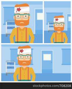 Sad hipster man with bandages over his head in the medical office. Vector flat design Illustration. Square, horizontal, vertical layouts.. Man with injured head.