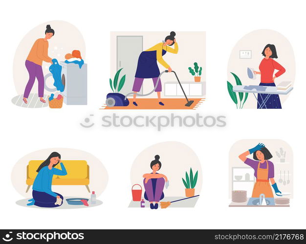 Sad housework woman. Unhappy daily routine activities girl mother washing utensils ironing cleaning bathing kids vector stylized characters isolated. Illustration housework of woman, sad housewife. Sad housework woman. Unhappy daily routine activities girl mother washing utensils ironing cleaning bathing kids recent vector flat stylized characters isolated