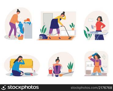 Sad housework woman. Unhappy daily routine activities girl mother washing utensils ironing cleaning bathing kids vector stylized characters isolated. Illustration housework of woman, sad housewife. Sad housework woman. Unhappy daily routine activities girl mother washing utensils ironing cleaning bathing kids recent vector flat stylized characters isolated