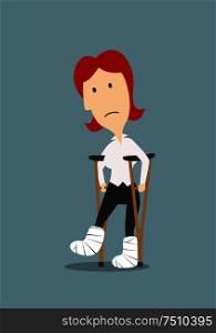 Sad injured businesswoman leans on wooden crutches with plaster casts on broken legs, for health insurance, healthcare or broken business concept design. Cartoon style