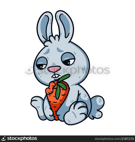 Sad little easter bunny with bitten carrot. Rabbit the symbol of 2023 lunar chinese new year. Hare with unhappy eyes and vegetable. Farm animal vector illustration isolated white background.