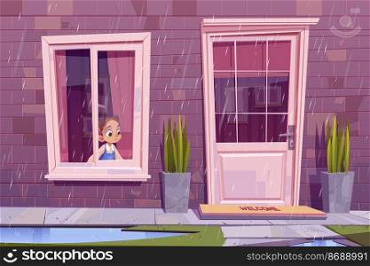 Sad little girl sitting at house window looking on street at rainy weather waiting rain stop. Boring child spend time at home, outside view of building facade with door. Cartoon vector illustration. Sad little girl sitting at house window at rain
