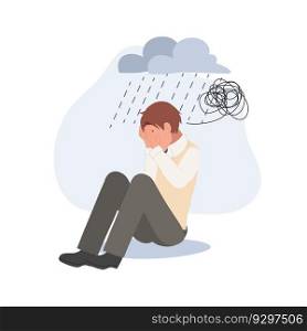 Sad lonely Asian high school boy in depression. Young unhappy boy sitting and cry. Depressed in teenager. Flat vector cartoon illustration