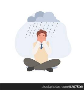 Sad lonely Asian high school boy in depression. Young unhappy boy sitting and cry. Depressed in teenager. Flat vector cartoon illustration