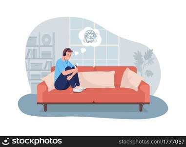 Sad lonely teen boy at home 2D vector isolated illustration. Sitting at home depressed. Child listening to music in headphones flat characters on cartoon background. Teenager problem colourful scene. Sad lonely teen boy at home 2D vector isolated illustration