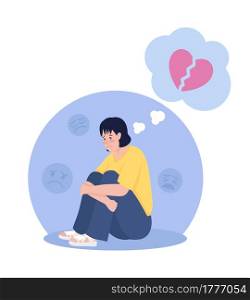 Sad lonely teenager thinking of breakup 2D vector isolated illustration. Girl sitting in chair upset over heart break flat characters on cartoon background. Teen problem colourful scene. Sad lonely teenager thinking of breakup 2D vector isolated illustration