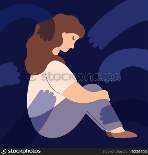 Sad lonely unhappy girl sits and hugs her knees from fear. Scary around arm. Concept of person woman trapped in bottom due to stress and depression. Vector illustration in flat style