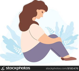 Sad lonely unhappy woman sits and hugs her knees. Concept of person trapped in bottom due to stress and depression. Vector illustration in flat style