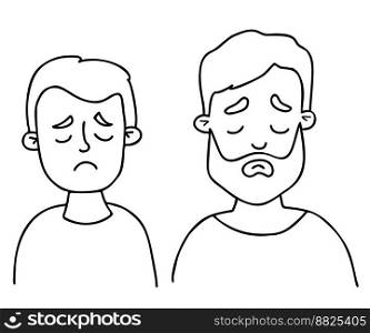 Sad male portraits faces of father and son. Vector Outline drawings. Isolated linear faces avatars for design