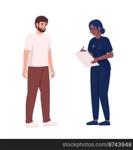 Sad man complaining to female police officer semi flat color vector characters. Editable figures. Full body people on white. Simple cartoon style illustration for web graphic design and animation. Sad man complaining to female police officer semi flat color vector characters