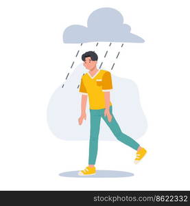 Sad man walking under the rain. Overcast weather. Emotions. Solitude concept. vector illustration 