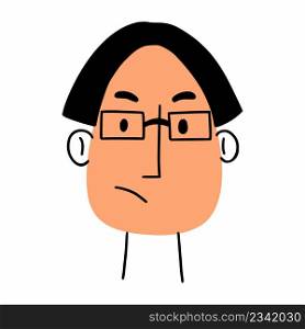 Sad man with glasses. Person face. ?????? doodle illustration. Hand draw.
