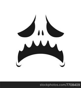 Sad monster face vector icon, scary or evil emoji with unhappy creepy eyes and yelling open mouth. Ghost, jack lantern Halloween pumpkin emotion, isolated monochrome character face. Sad monster face vector icon, scary or evil emoji
