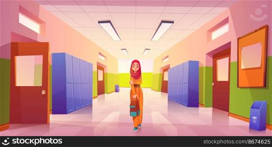 Sad muslim girl in school hallway and teenagers behind her back. Vector cartoon illustration with lonely islamic student with scarf on head. Social communication problem, bullying and racism concept. Sad lonely muslim girl in school hallway