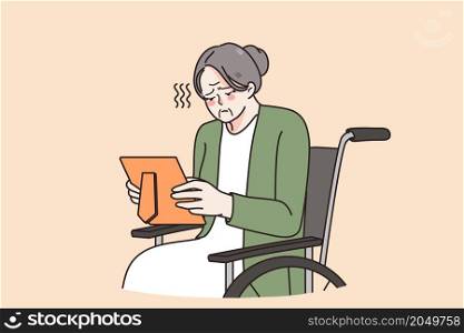 Sad old grandmother in wheelchair look at family picture in frame feel upset lonely in nursing home. Unhappy mature woman granny solitude in retirement house, miss relatives. Vector illustration. . Sad senior granny in wheelchair look at family picture