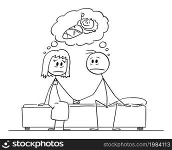 Sad or frustrated couple sitting on bed and thinking about baby, vector cartoon stick figure or character illustration.. Frustrated Couple Thinking About Baby , Vector Cartoon Stick Figure Illustration