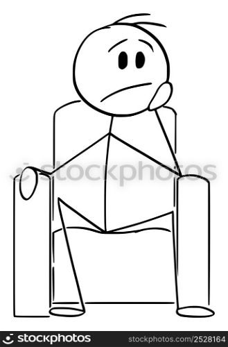 Sad or frustrated person sitting in chair and thinking, vector cartoon stick figure or character illustration.. Frustrated or Sad Person Sitting in Chair and Thinking, Vector Cartoon Stick Figure Illustration