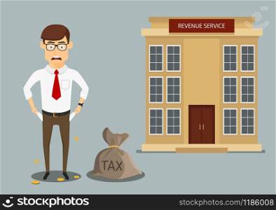 Sad penniless businessman showing empty pockets after paying taxes, for debts or bankruptcy themes design. Cartoon flat style. Businessman with empty pockets after paying taxes