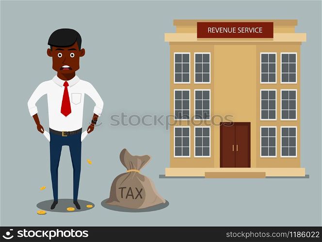 Sad penniless businessman showing empty pockets after paying taxes, for debts or bankruptcy themes design. Cartoon flat style