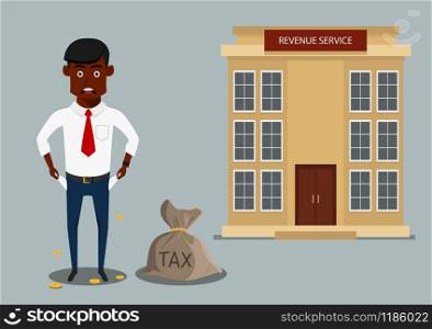 Sad penniless businessman showing empty pockets after paying taxes, for debts or bankruptcy themes design. Cartoon flat style