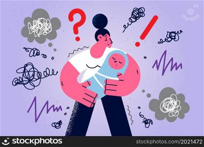 Sad pensive young mother with newborn baby in arms feel frustrated about life situation. Unhappy mom with child infant distressed with maternity problems. Postpartum depression. Vector illustration. . Sad young mother with baby suffer from postpartum depression