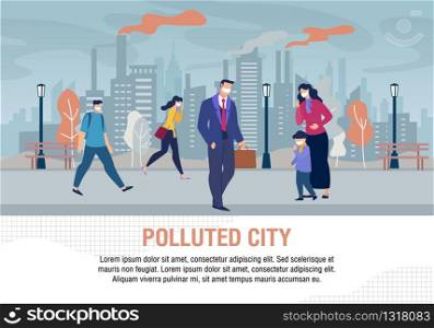 Sad People and Children Characters Wearing Protective Face Masks on Street in Polluted City Flat Warning Banner. Air Pollution from Factory Pipes Emitting Industrial Smoke. Vector Cartoon Illustration. Sad People in Polluted City Flat Warning Banner