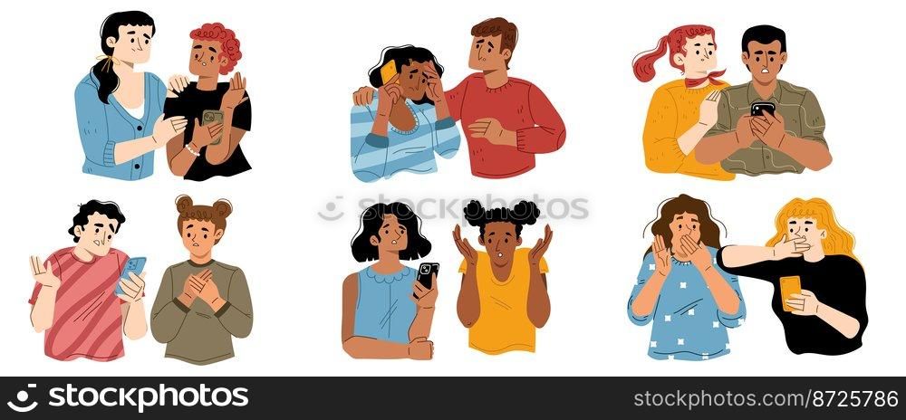Sad people receive bad news, feel sorrow, stress and anxiety. Diverse characters looking at mobile phone in shock and support each other isolated on white background, vector hand drawn illustration. Sad people receive bad news, feel sorrow, stress
