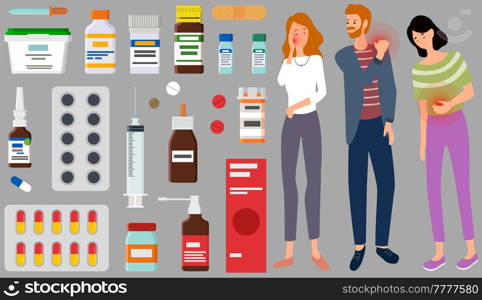 Sad people suffering from pain stand next to medicines, tablets, ointments for treatment of diseases. Painful sensations of sick characters. Men and women grabs their hands to sore body parts. Sad people suffering from pain stand next to medicines, tablets, ointments for treatment of diseases