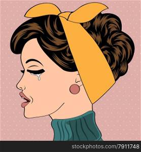 sad pop art cute retro woman in comics style, vector illustration