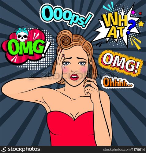 Sad retro girl. Vintage crying popart woman with omg and ooops comic signs vector illustration. Sad retro girl with comic signs
