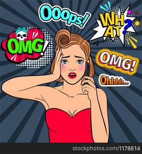 Sad retro girl. Vintage crying popart woman with omg and ooops comic signs vector illustration. Sad retro girl with comic signs