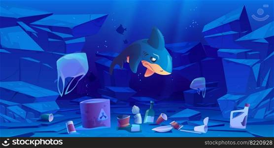 Sad shark, floating plastic bags and garbage underwater in sea or ocean. Ocean pollution by trash, global littering. Vector cartoon landscape of seabed with bottles, cups and barrel with toxic waste. Sad shark, floating plastic bags and trash in sea