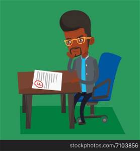 Sad student looking at test paper with bad mark. An african-american student disappointed test with F grade. Student dissatisfied with the test results. Vector flat design illustration. Square layout.. Sad student looking at test paper with bad mark.