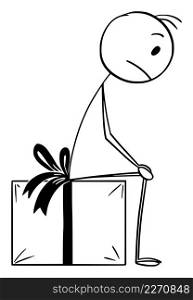 Sad unhappy person sitting on wrapped birthday or Christmas present or gift, vector cartoon stick figure or character illustration.. Sad Person Sitting on Wrapped Gift or Present, Vector Cartoon Stick Figure Illustration