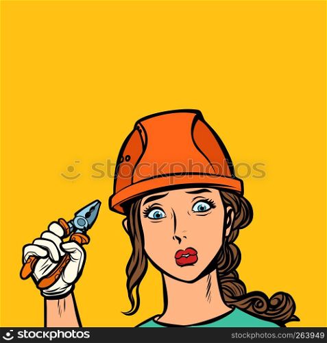 sad woman electrician professional. Comic cartoon pop art retro vector illustration drawing. sad woman electrician professional
