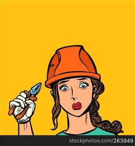 sad woman electrician professional. Comic cartoon pop art retro vector illustration drawing. sad woman electrician professional