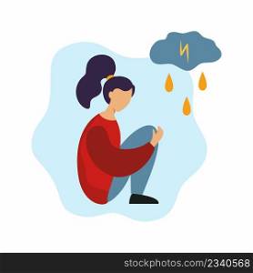 Sad woman hugs herself. Stress, fatigue and depression. Bad mood. Cloud with lightning. Tense state. Help  psychotherapist.