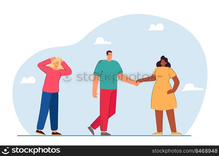 Sad woman looking at happy couple holding each others hands. People in love triangle flat vector illustration. Relationship, jealousy, love concept for banner, website design or landing web page
