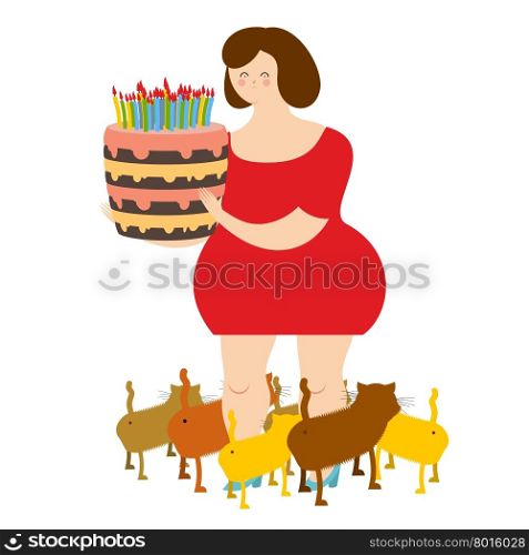 Sad woman of forty and birthday cake. Fat lonely Lady. Only cats. Sad holiday alone. Many of pets. Not Merry birthday.&#xA;