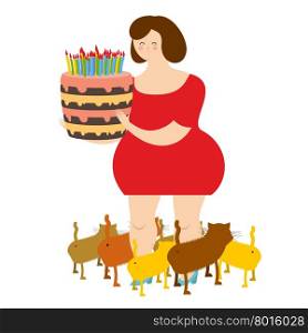 Sad woman of forty and birthday cake. Fat lonely Lady. Only cats. Sad holiday alone. Many of pets. Not Merry birthday.&#xA;