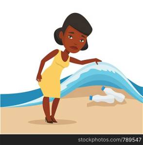 Sad woman showing plastic bottles under water of sea. Woman collecting plastic bottles from water. Water and plastic pollution concept. Vector flat design illustration isolated on white background.. Woman showing plastic bottles under sea wave.