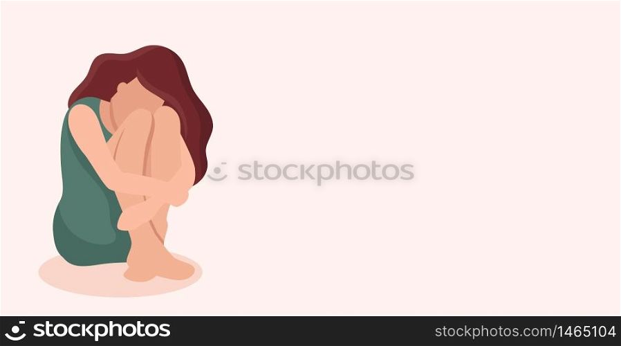 Sad woman sits. Victim of domestic and sexual violence. Social problems. Support for women. Banner for web site or social networks. Space for text.Vector cartoon illustration.