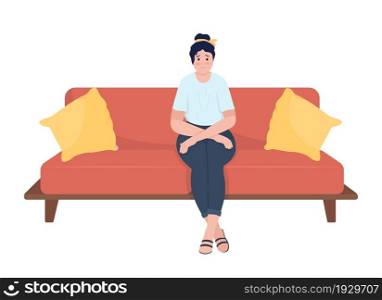 Sad woman sitting on couch semi flat color vector character. Stressed figure. Full body person on white. Anxiety isolated modern cartoon style illustration for graphic design and animation. Sad woman sitting on couch semi flat color vector character