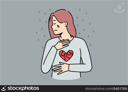 Sad woman with broken heart crying suffer from breakup or separation. Upset girl feel distressed depressed after divorce. Love relationship over. Vector illustration.. Unhappy woman with broken heart crying